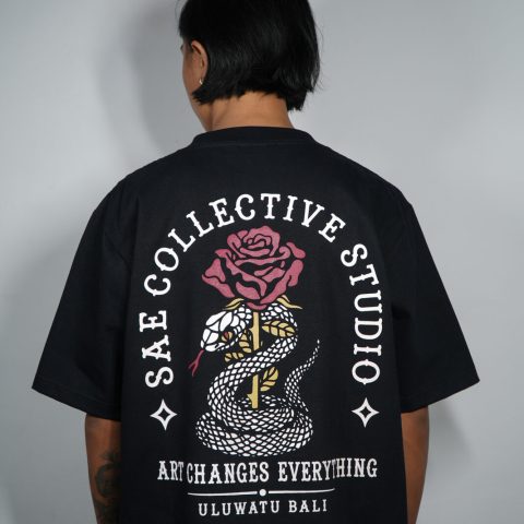 Sae Collective Studio t-shirt with a snake and rose reading Art Changes Everything, Uluwatu Bali