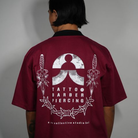 Sae Collective Studio maroon t-shirt reading Tattoo Barber Piercing